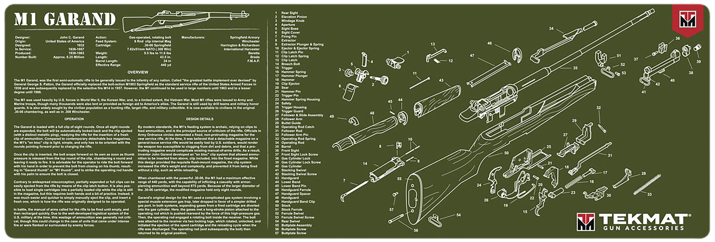 BECK TEK, LLC (TEKMAT) M1 Garand 12x36 Cleaning Mat, Olive Drab Rubber, Parts Diagram TEKR36M1GARAND-OD