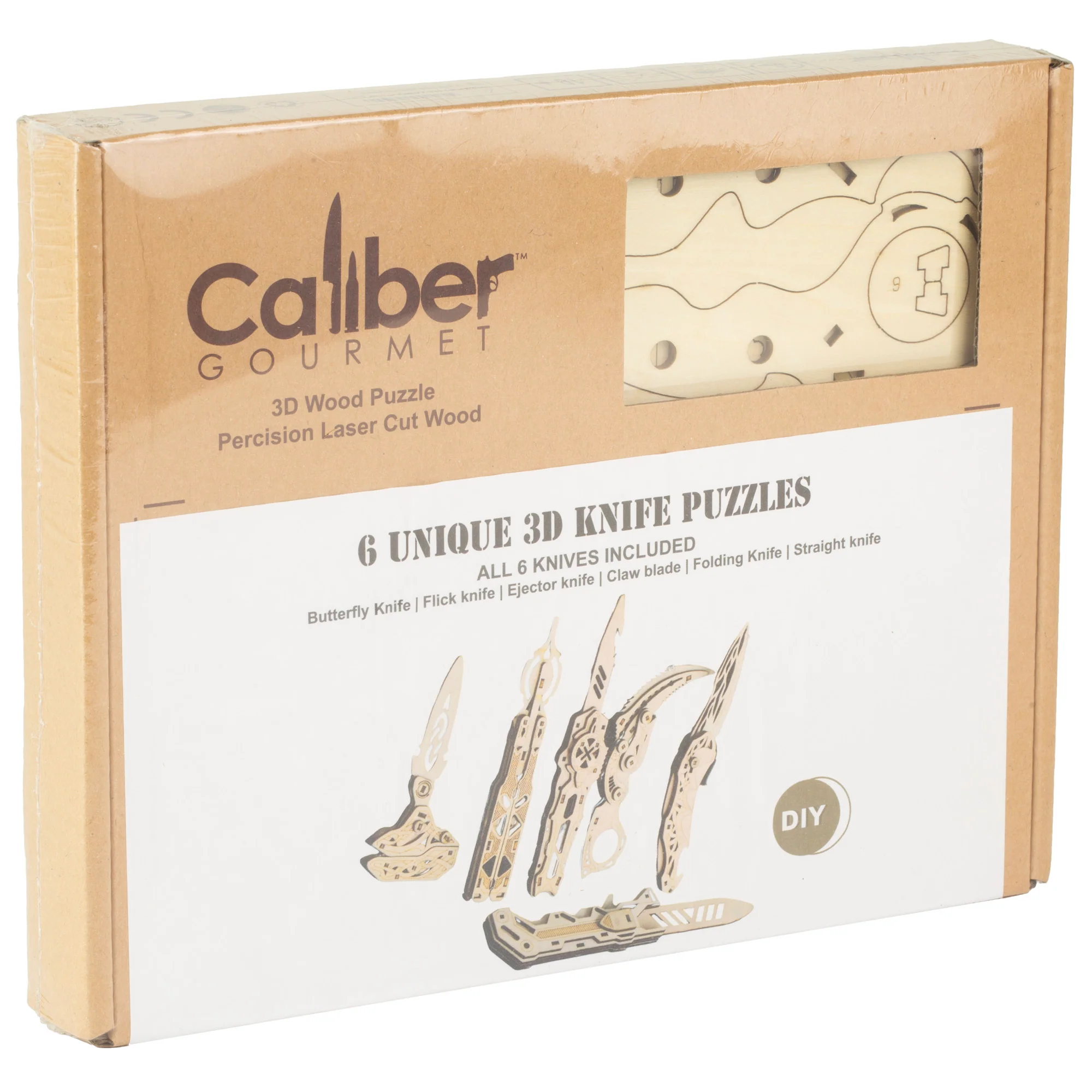 Caliber Gourmet 6-Piece Wood Knife Puzzle Set, Laser-Cut Plywood, No-Tool Assembly, CBG-PZ-03K