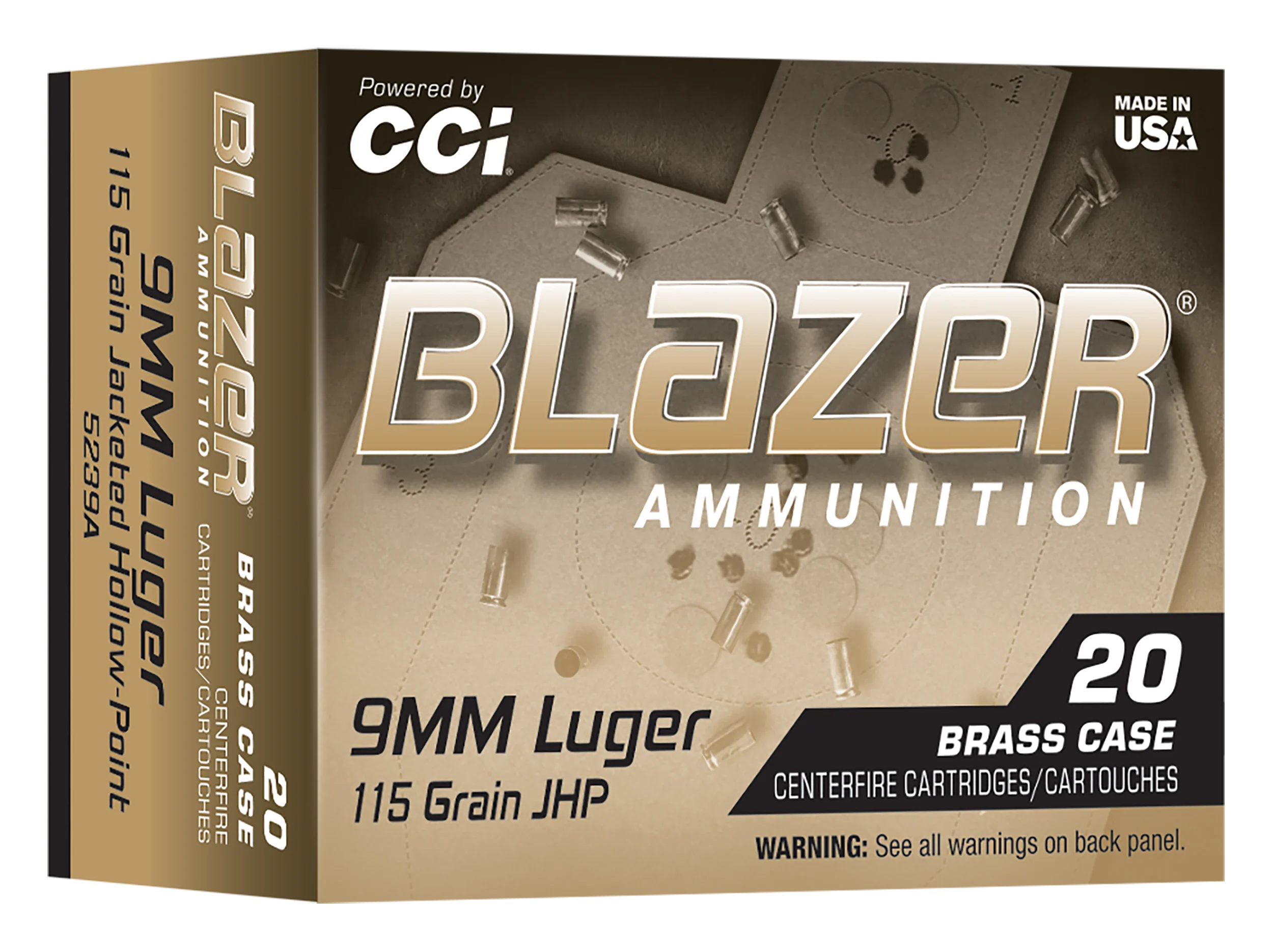CCI Blazer Brass 9mm Luger 115 Grain Jacketed Hollow Point Ammo 20-Round Box 5239A