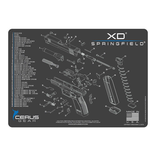 Cerus Gear Springfield XD Schematic ProMat Gun Cleaning Mat, Charcoal Gray/Cerus Blue, CERHMSPGXDSCHGRY