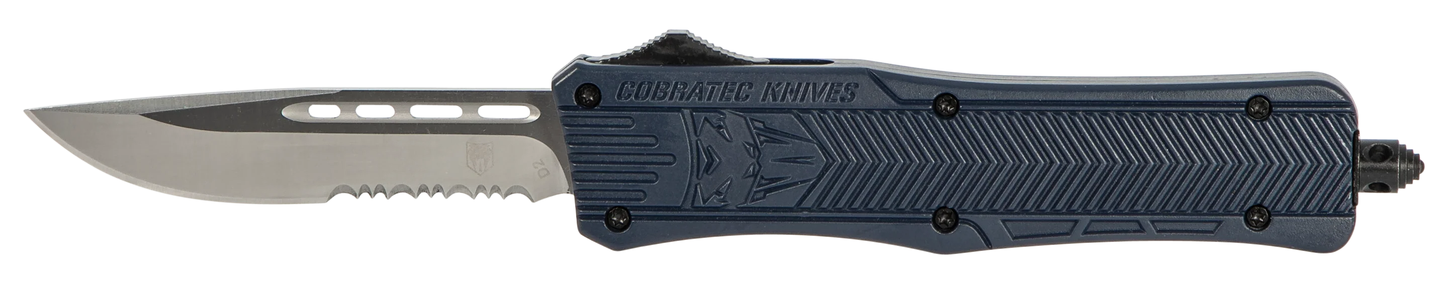 CobraTec Knives CTK-1 Medium OTF Knife, 3 in D2 Drop Point Serrated, NYPD Blue Handle MNYCTK1MDS