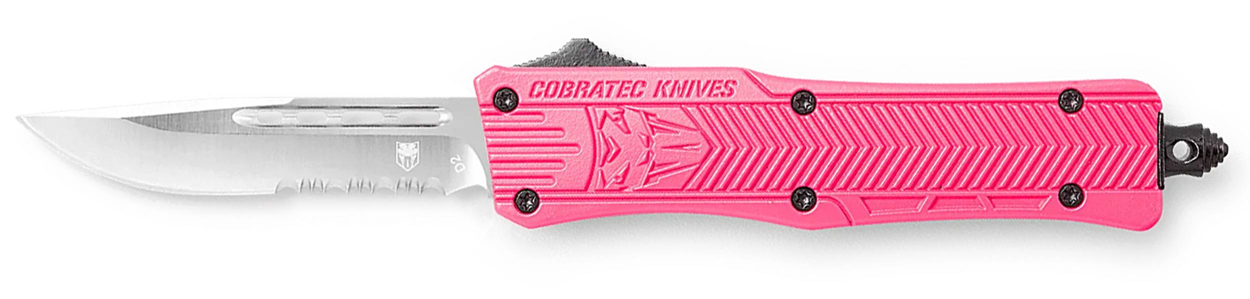 COBRA TEC KNIVES LLC CTK-1 Small Out-the-Front Knife, 2.75in D2 Drop-Point, Part Serrated, Pink Handle, Glass Breaker SPKCTK1SDS