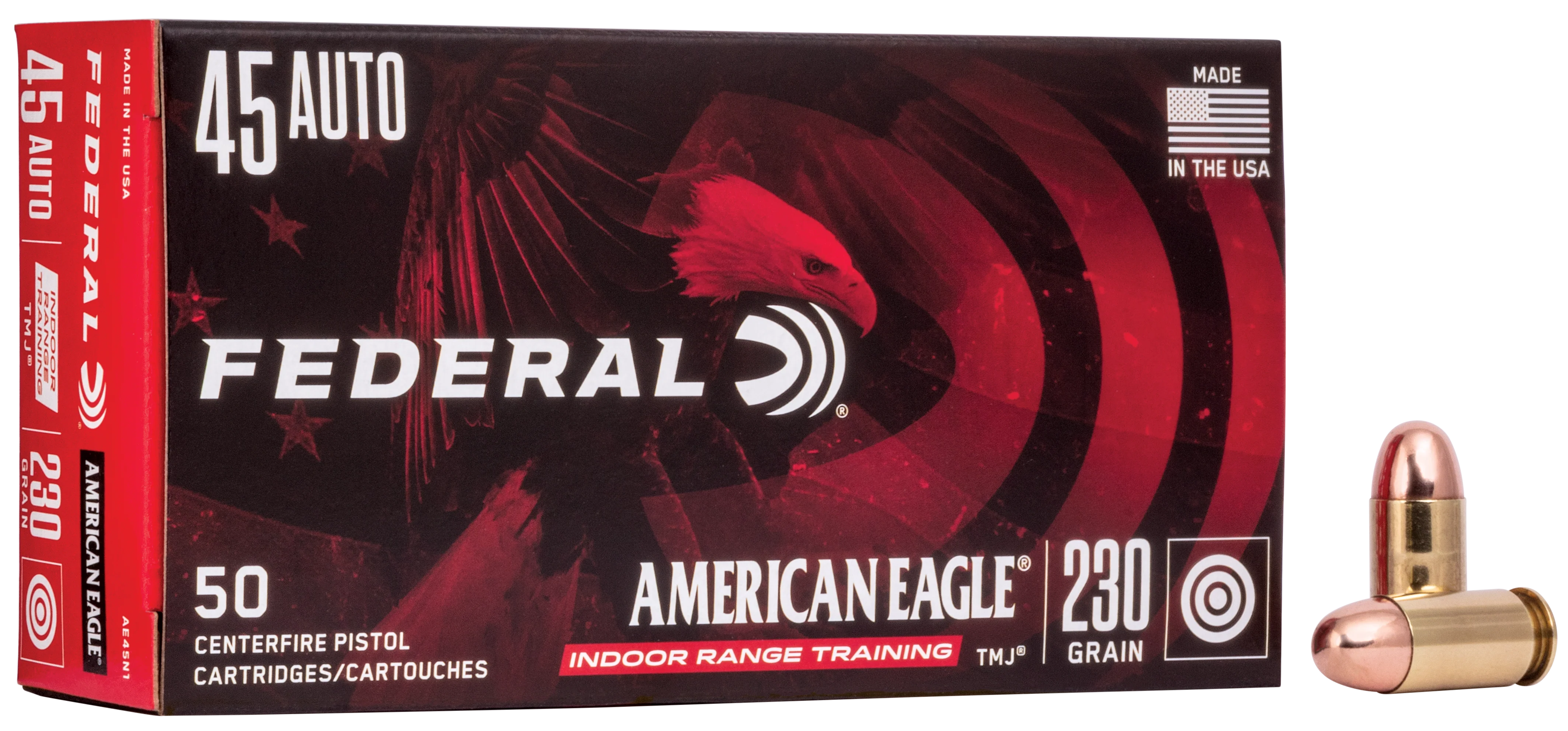 Federal American Eagle Indoor Range Training .45 ACP 230gr Total Metal Jacket Ammo, 50rd Box AE45N1