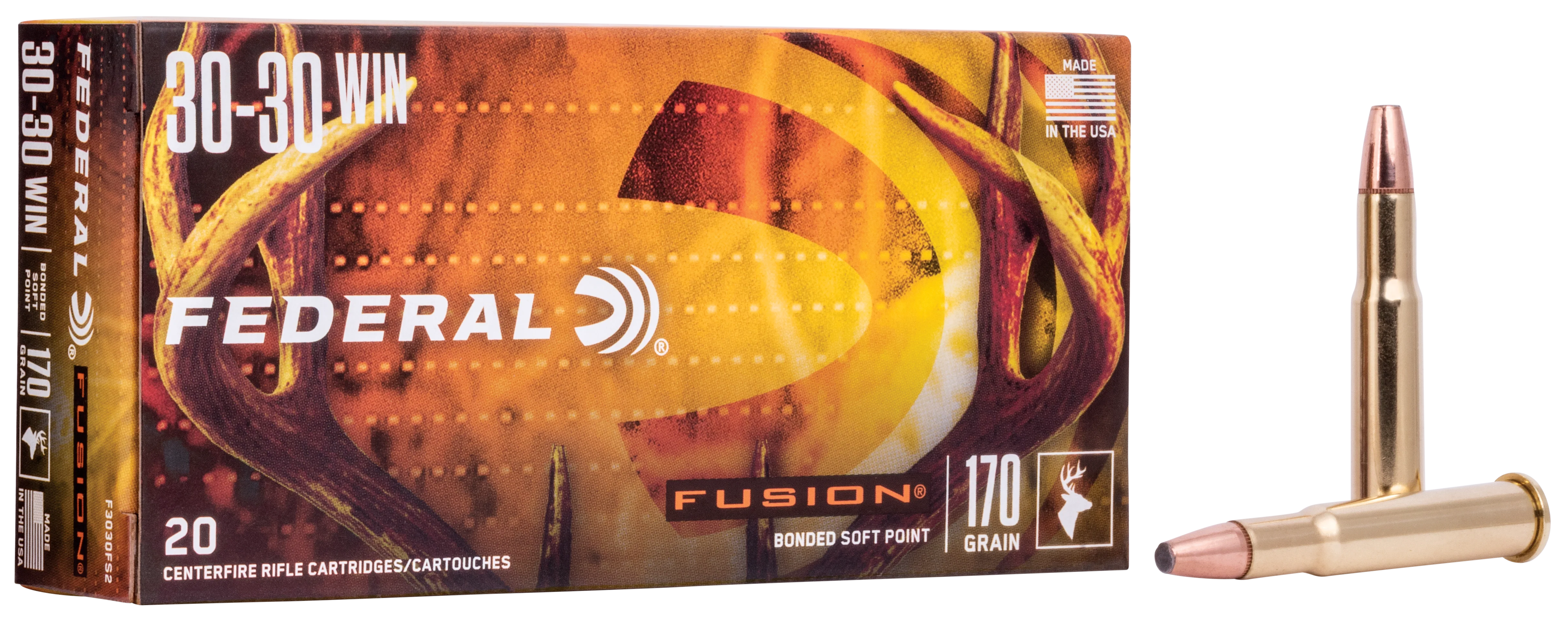 Federal Fusion .30-30 Winchester 170 Grain Bonded Soft Point Rifle Ammo, 20-Round Box F3030FS2