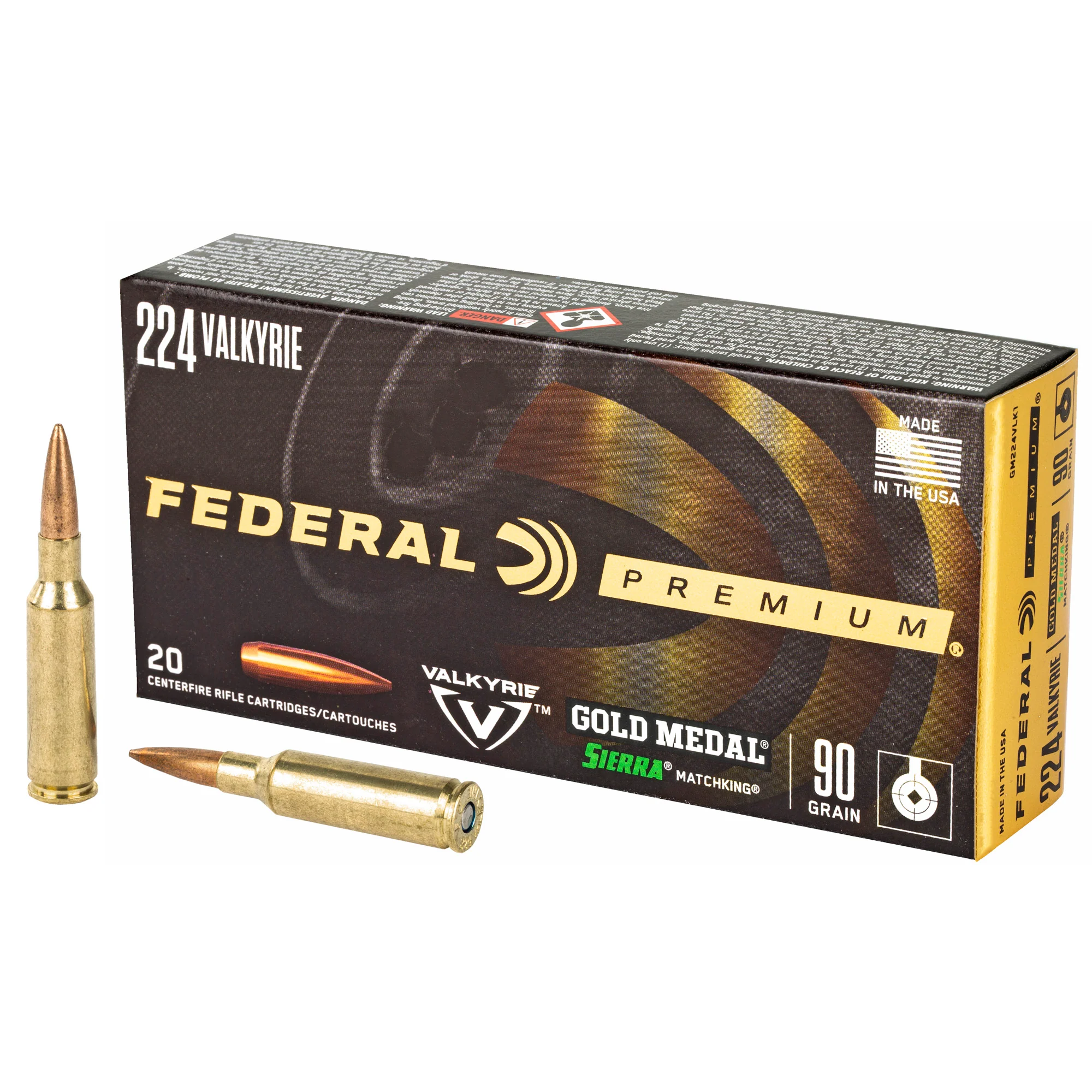 Federal Gold Medal Sierra MatchKing .224 Valkyrie 90gr BTHP Rifle Ammo 2700 fps 20rd GM224VLK1