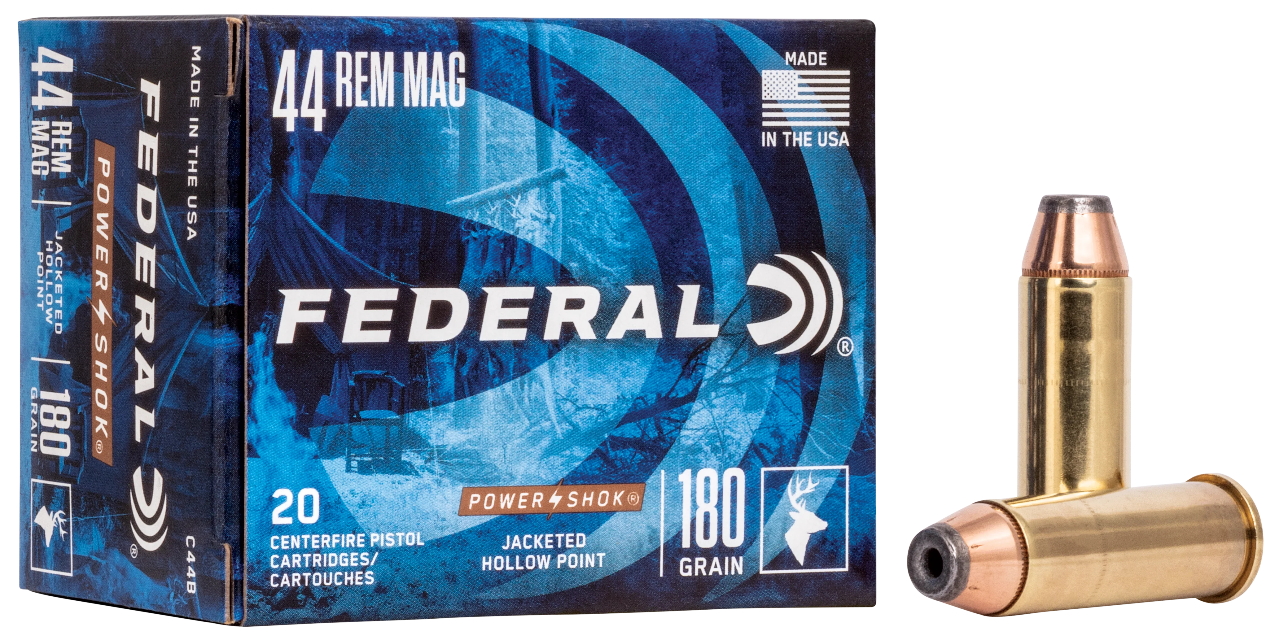 Federal Power-Shok .44 Remington Magnum 180 Grain Jacketed Hollow Point Handgun Ammo 20/Box C44B