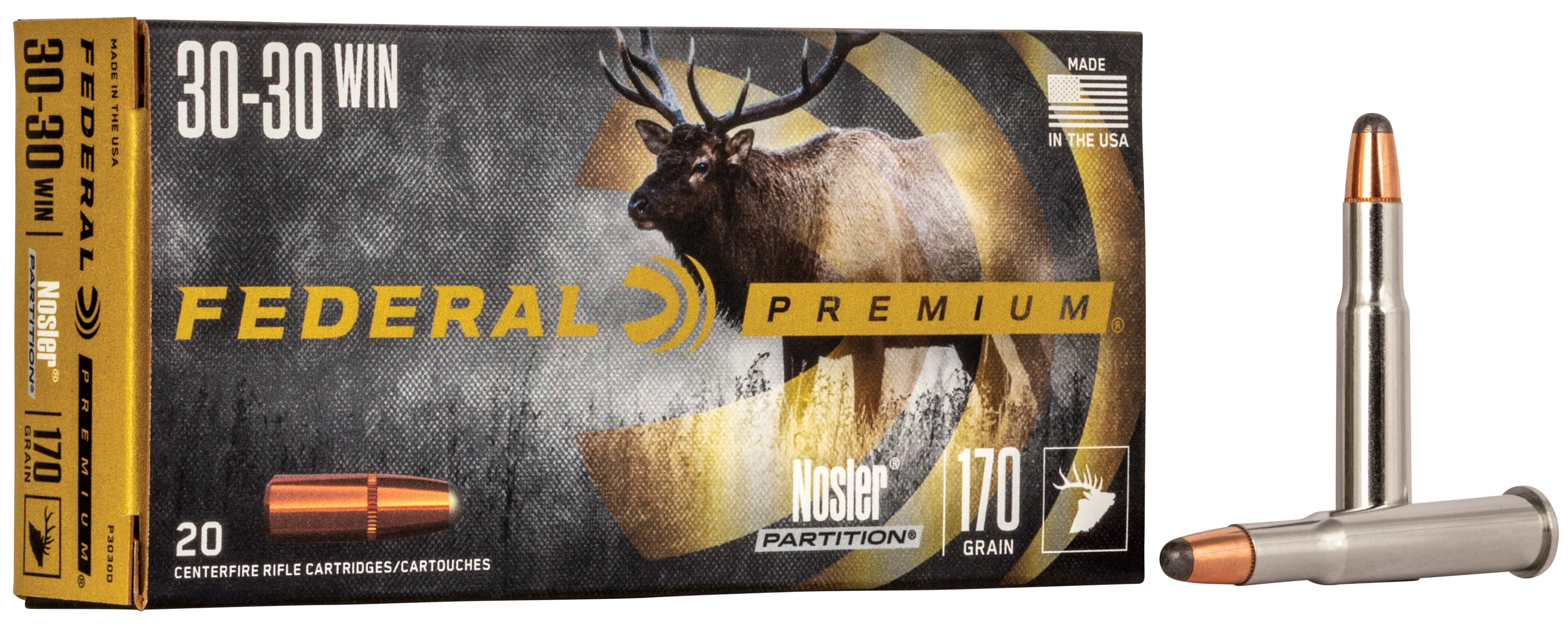 Federal Premium Nosler Partition .30-30 Win 170 Grain Centerfire Rifle Ammo, 20 Rounds P3030D