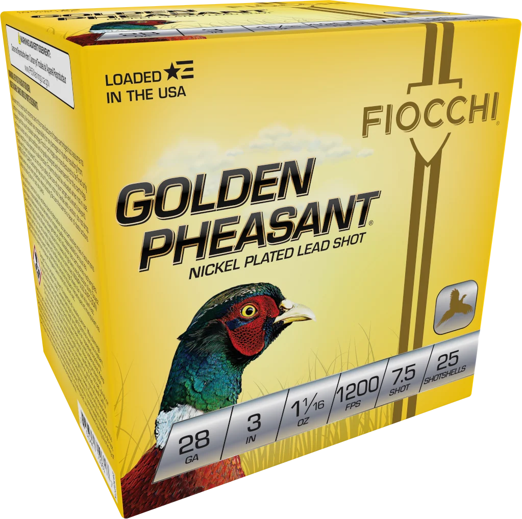 Fiocchi Golden Pheasant Extrema 28 Gauge 3in 11/16oz #7.5 Nickel-Plated Lead Shotshells 283GP75
