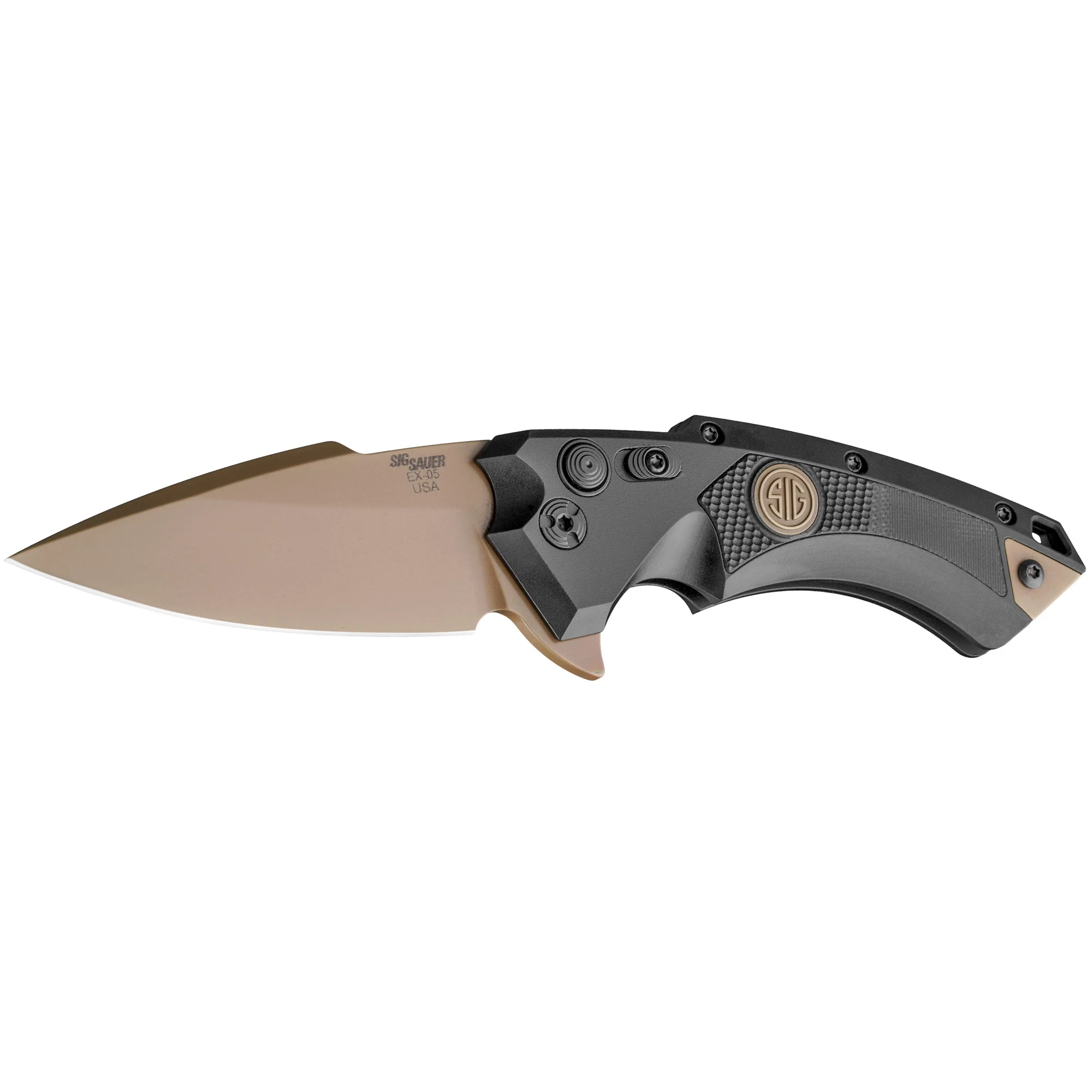 Hogue X5 3.5in Sig Emperor Scorpion Folding Knife, CPM-154 FDE PVD Spear Point, Button Lock – 36570