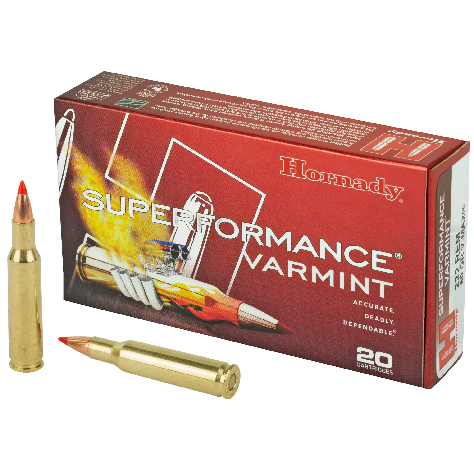 Hornady Superformance Varmint .222 Remington 50 Grain V-MAX Polymer Tip Rifle Ammo, 20-Round Box 8316