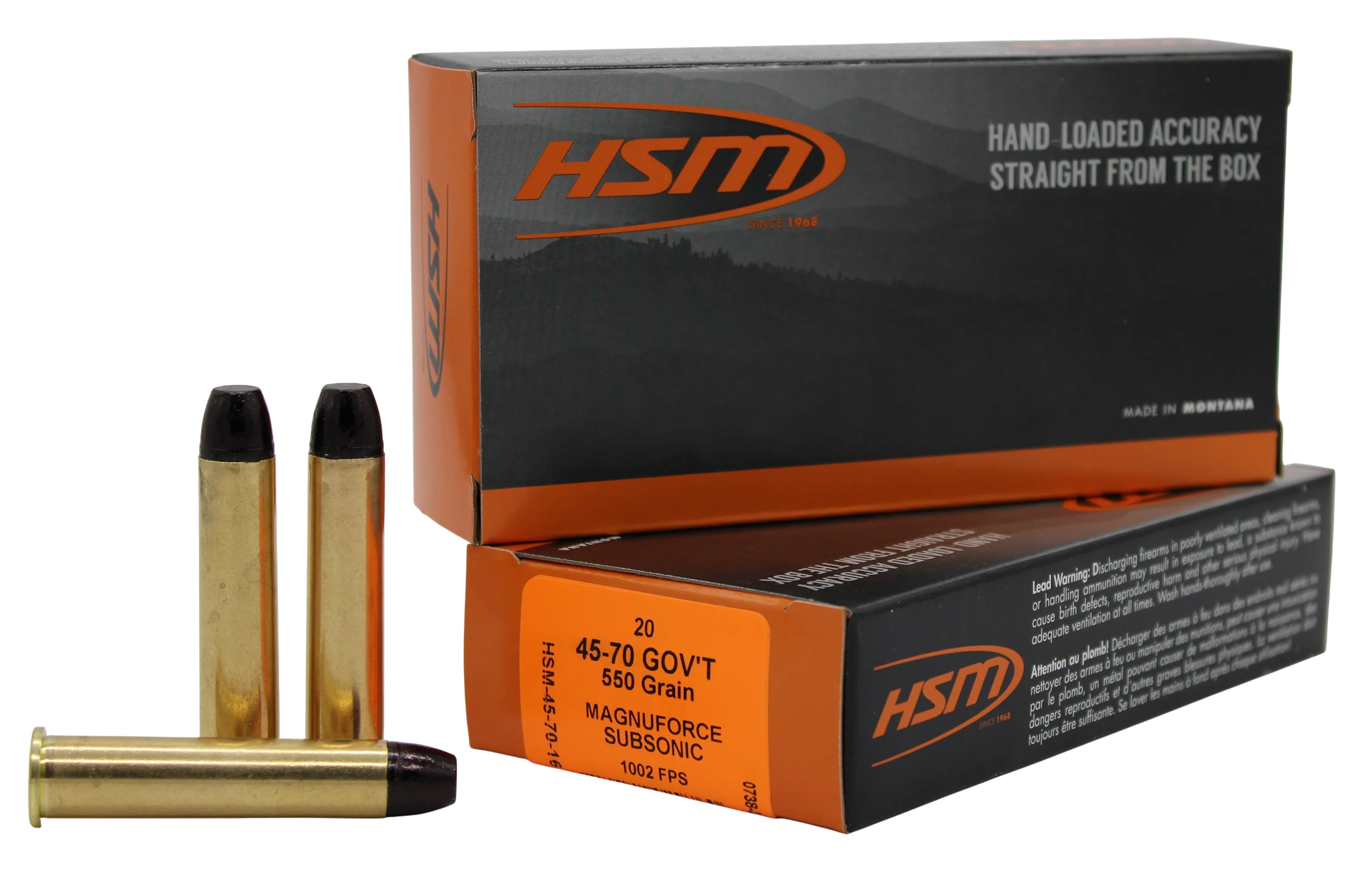 HSM .45-70 Government Subsonic 550gr Hard Cast Long Flat Nose Rifle Ammo 20rd 457016N
