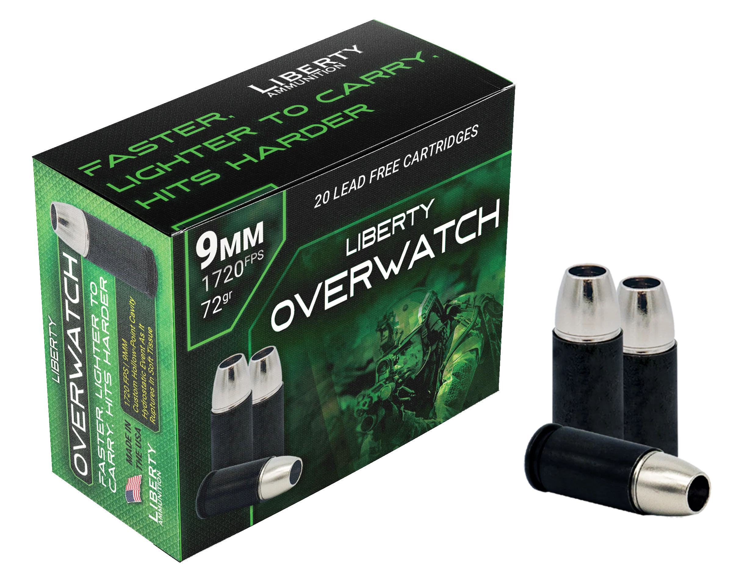 Liberty Ammunition OverWatch 9mm Luger 72gr Open Cavity Defense Ammo, 20-Round Box LAOW9MM721700