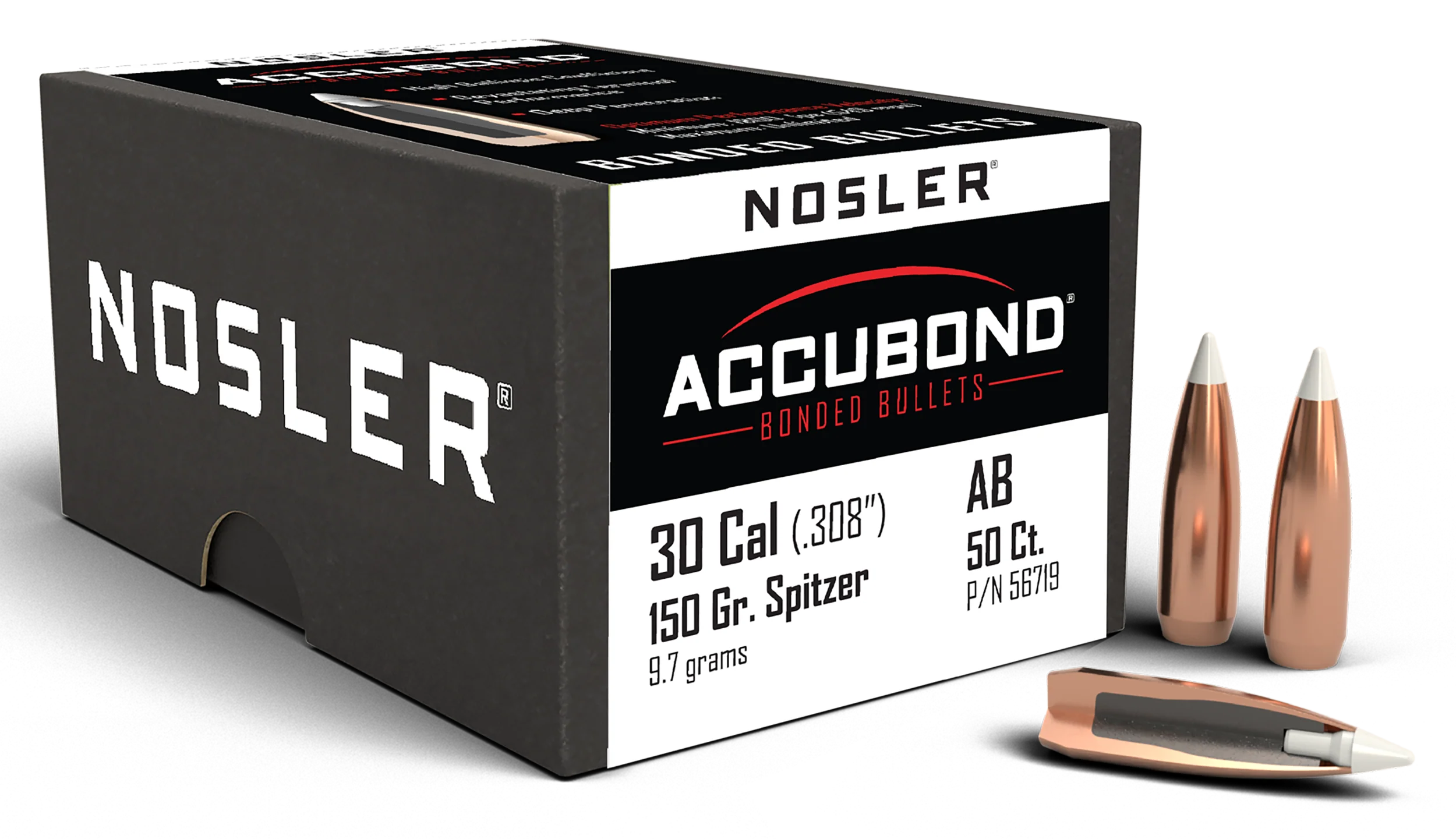 Nosler AccuBond Bonded Rifle Bullets .30 Cal 150gr Spitzer Boat Tail, 50 Count 56719