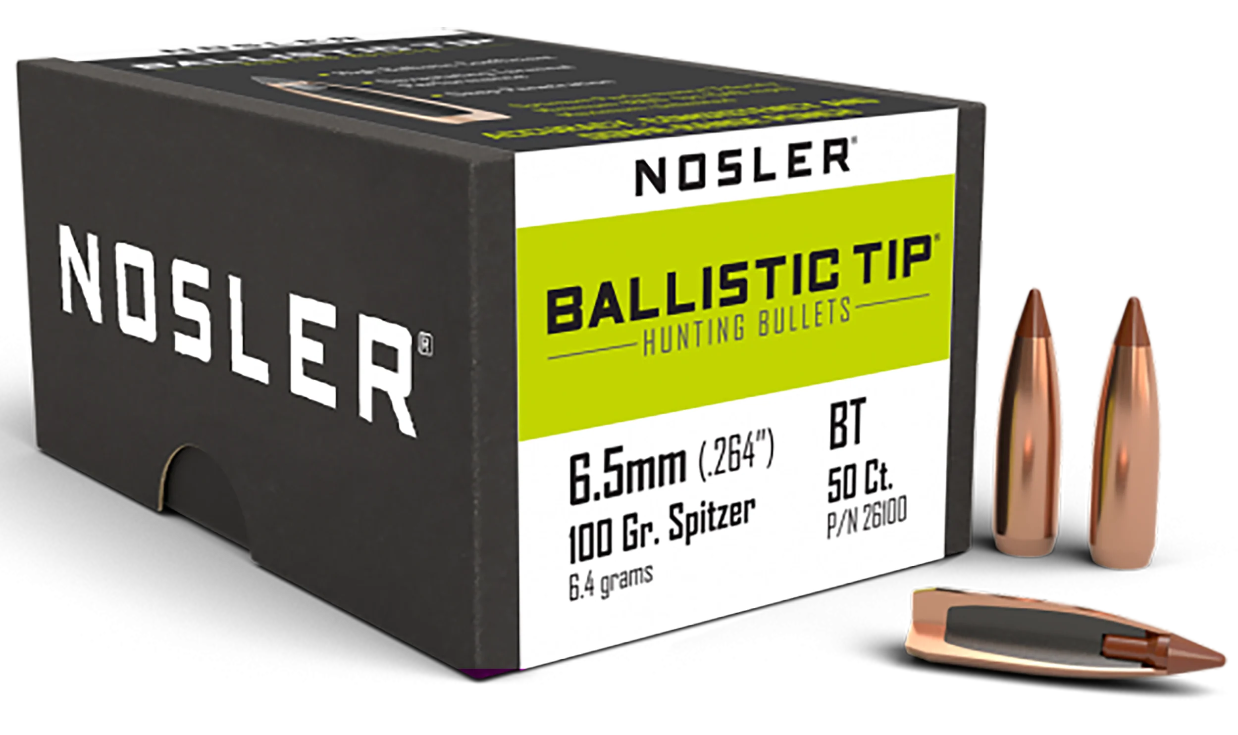Nosler Ballistic Tip Hunting Bullets 6.5mm (.264) 100gr Spitzer Polymer Tip, 50 Count 26100