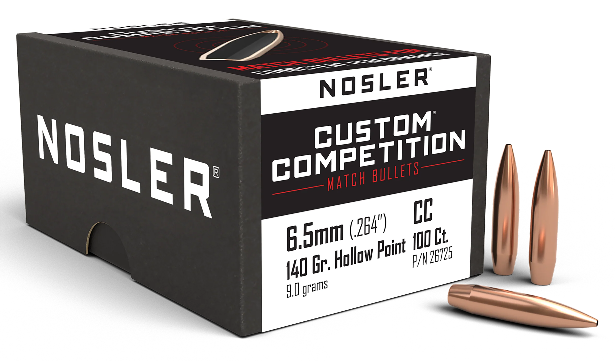 Nosler Custom Competition 6.5mm 140gr Hollow Point Boat Tail Match Bullets, 100 ct 26725