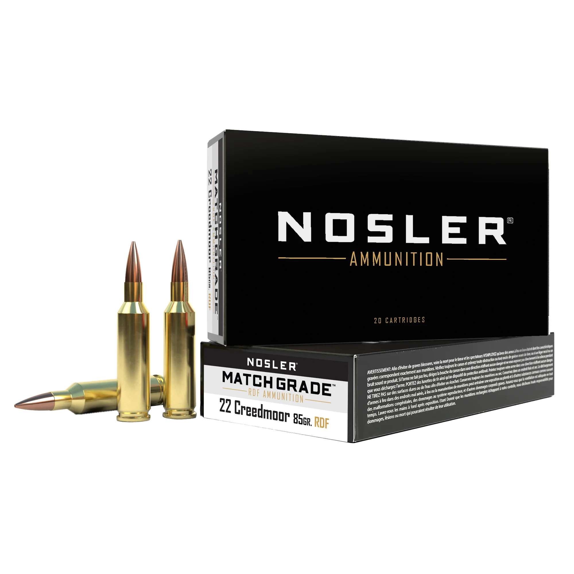 Nosler Match Grade 22 Creedmoor 85gr Reduced Drag Factor HPBT Rifle Ammo, 20/Box 51297