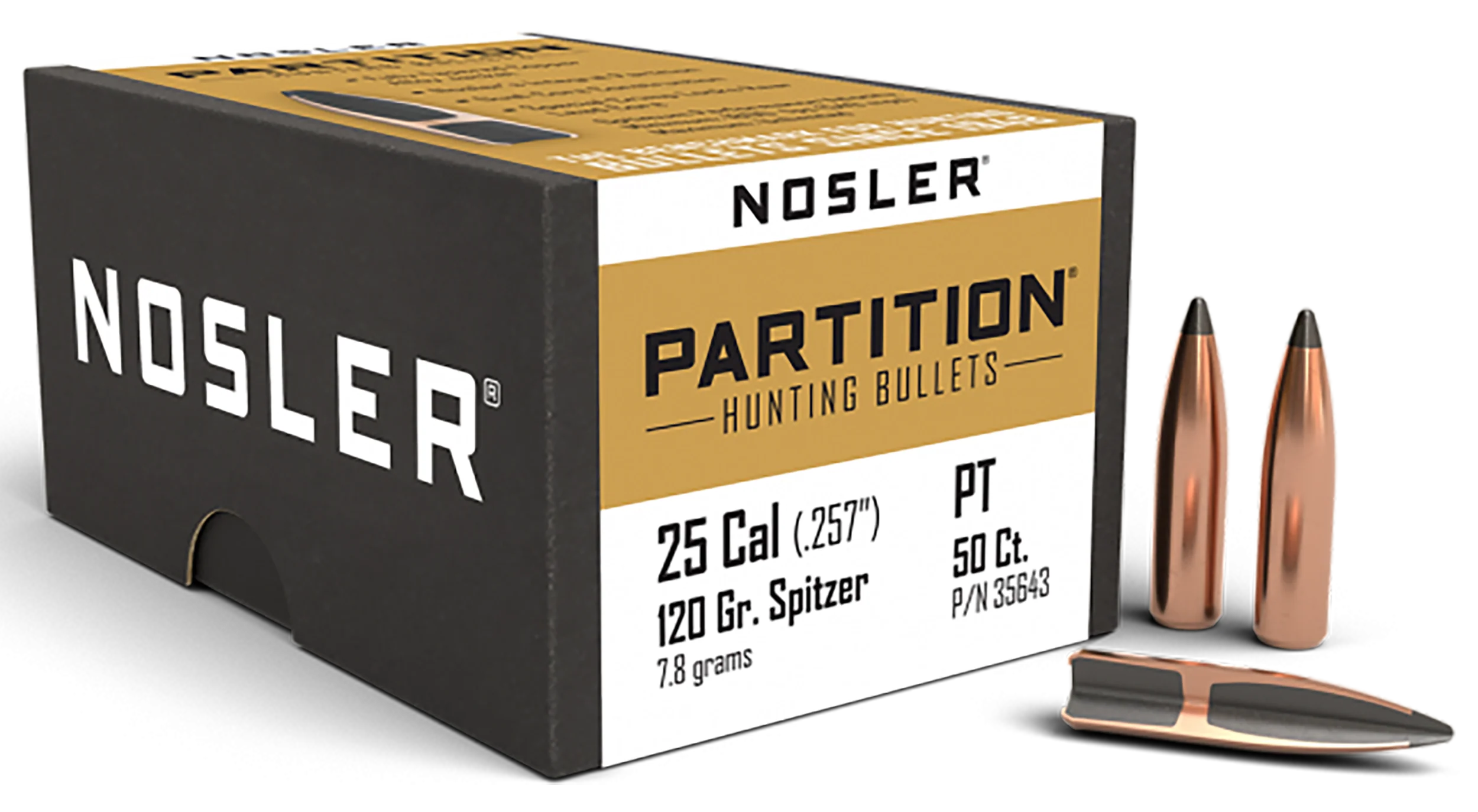Nosler Partition .25 Caliber 120gr Spitzer Soft Point Reloading Bullets 50/Box 35643