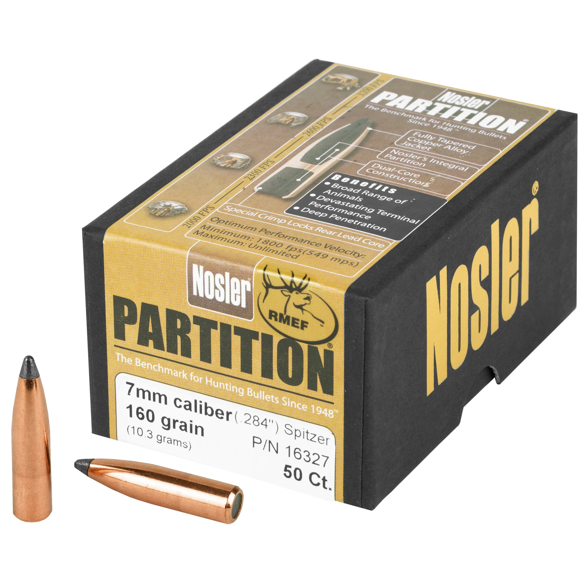Nosler Partition 7mm 160 Grain Spitzer Soft Point Bullets, Dual-Core Controlled Expansion, 50 Count, 16327