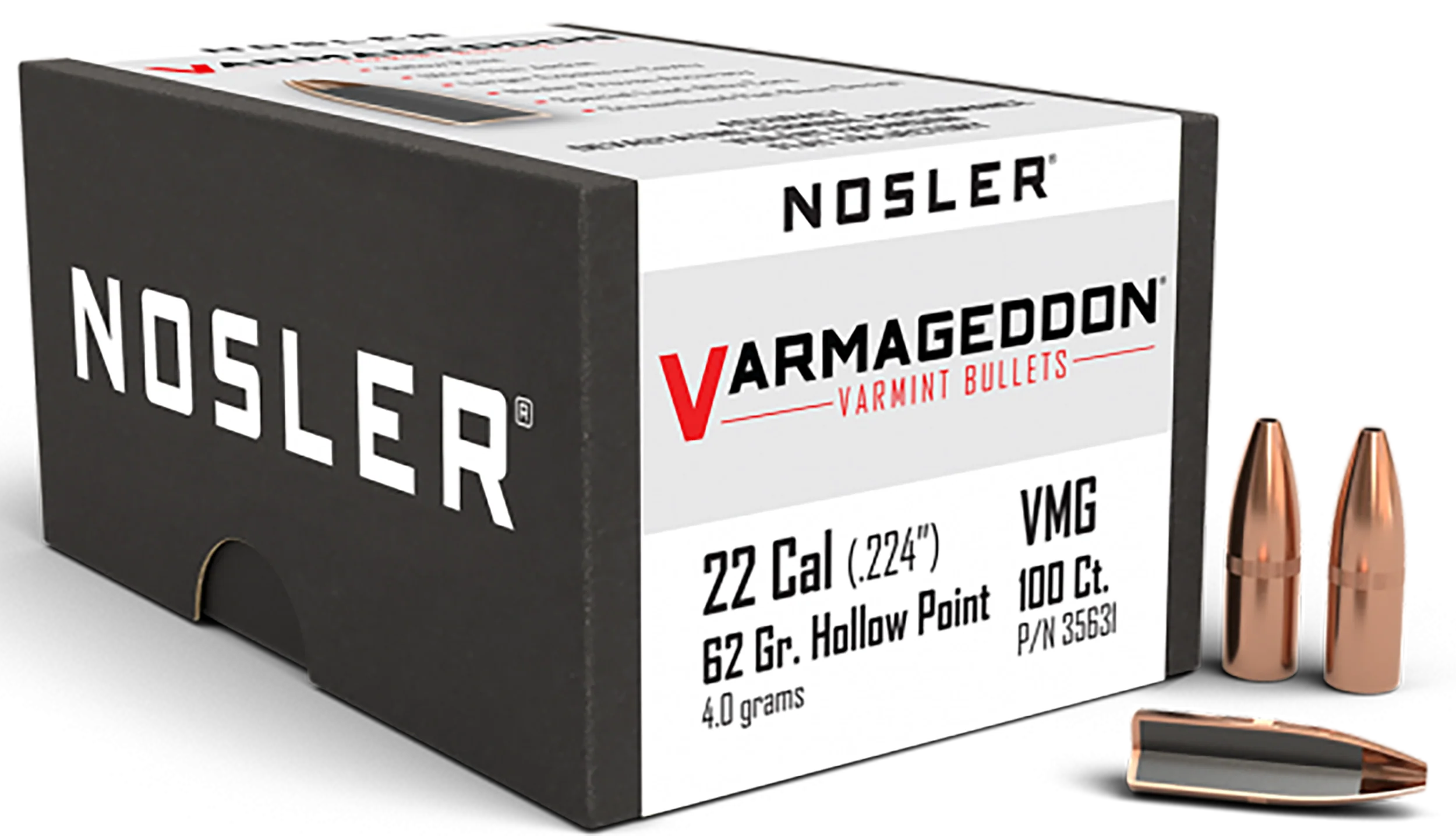 Nosler Varmageddon .224 62gr Flat Base Hollow Point Varmint Reloading Bullets, 100/Box 35631