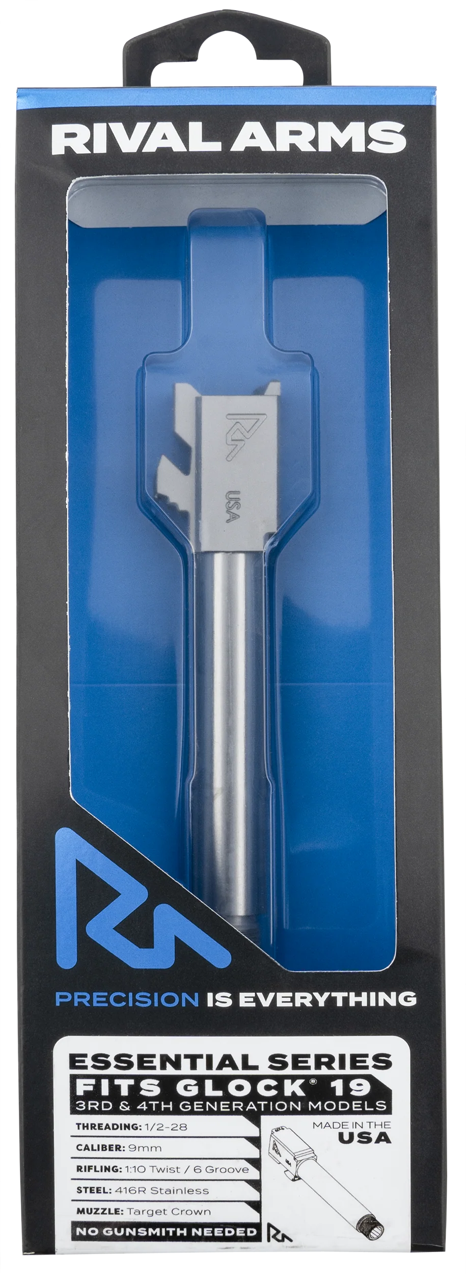 Rival Arms Essential V2 Match Grade Threaded Barrel for Glock 19 Gen 3-4, 9mm 4.49in RARA22G202D