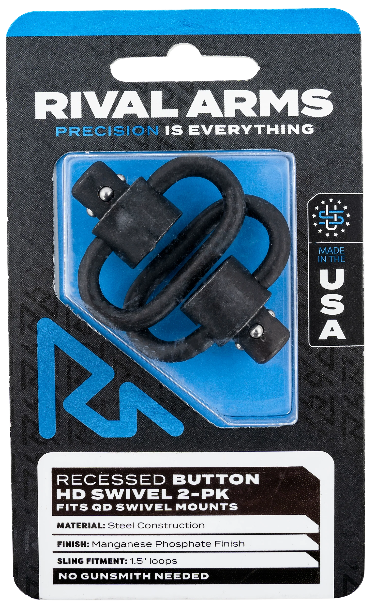 Rival Arms Heavy-Duty Quick Detach Sling Swivel Set, Recessed Button, 1.5-inch Loops, Manganese Phosphate RARA92S2A