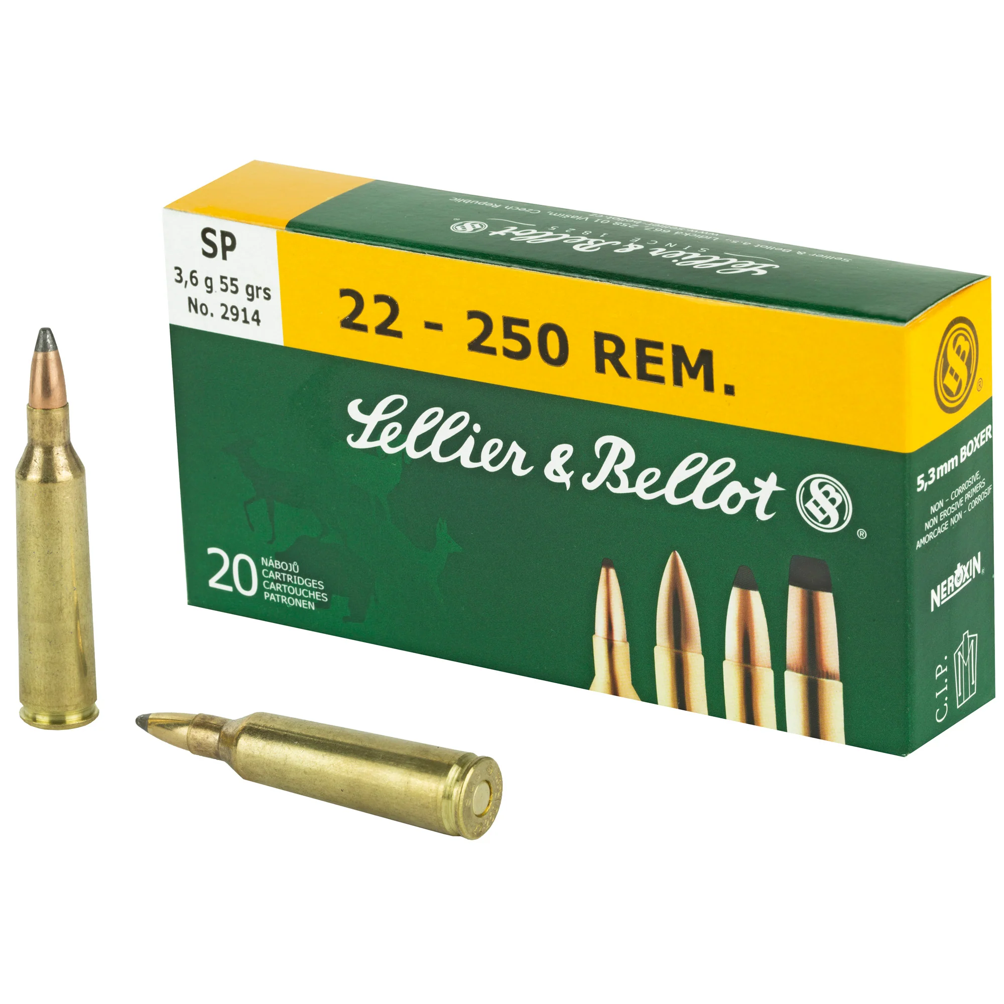 Sellier & Bellot .22-250 Remington 55 Grain Soft Point Rifle Ammo 20-Round Box SB22250B