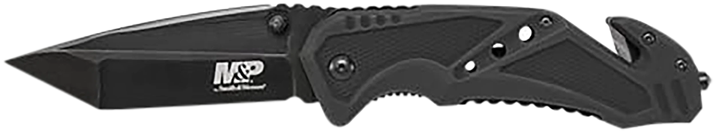 SW Knives M&P Rescue Folding Tanto Knife, 3.80 in Black Stainless Steel, Black G10 Handle, SWMP11BCP