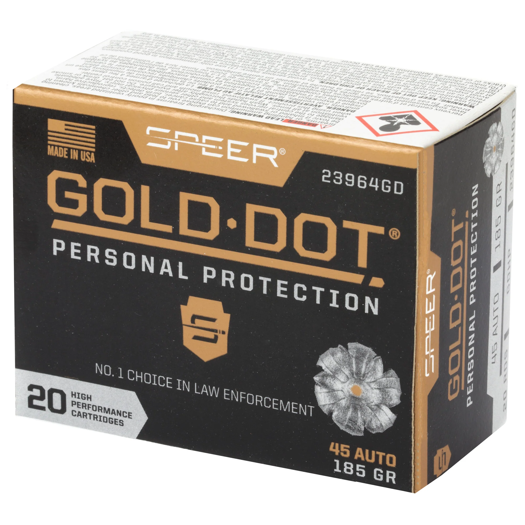 Speer Ammunition Gold Dot .45 ACP 185gr Jacketed Hollow Point Self-Defense Ammo, 20rd 23964GD - Image 3