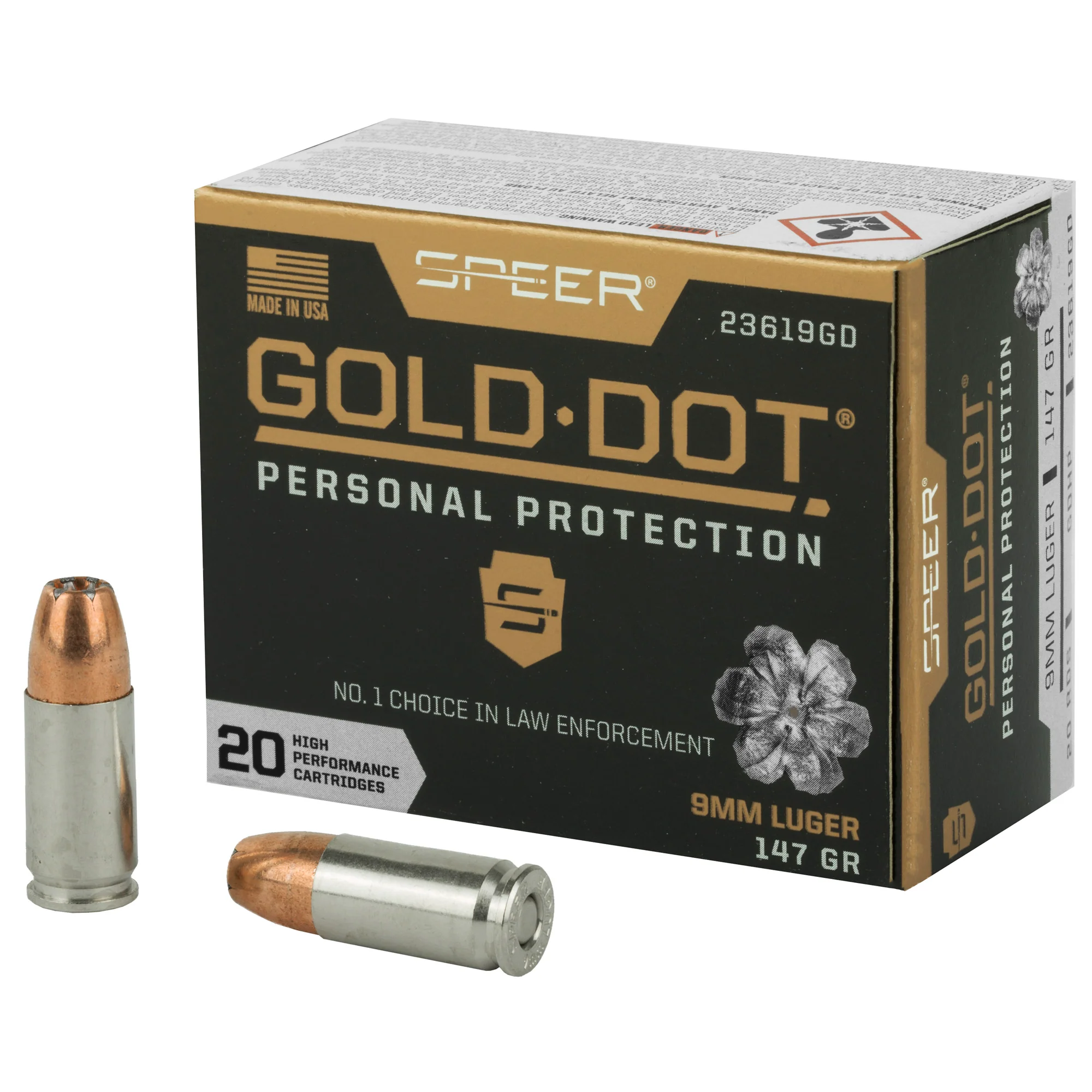 Speer Gold Dot 9mm Luger 147 Grain Hollow Point Personal Protection Ammo, 20-Round Box 23619GD