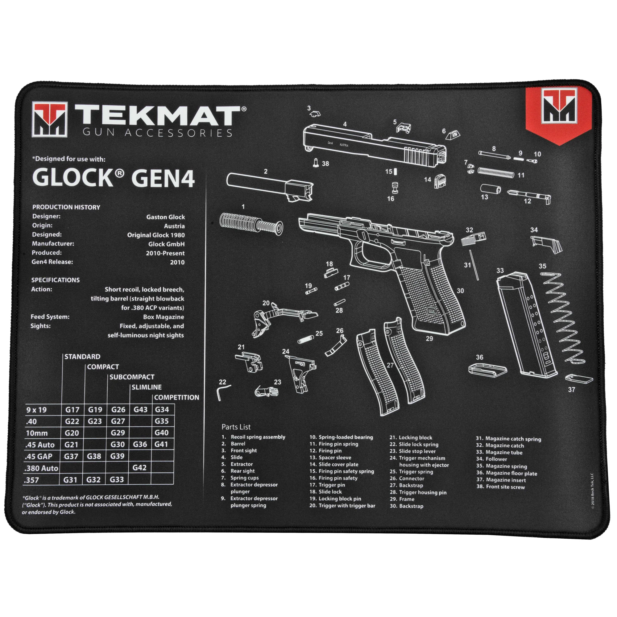TekMat Ultra 20 Gun Cleaning Mat for Glock Gen4, 15x20 in, .25 in Thick, Stitched Edge TEK-R20-GLOCK-G4