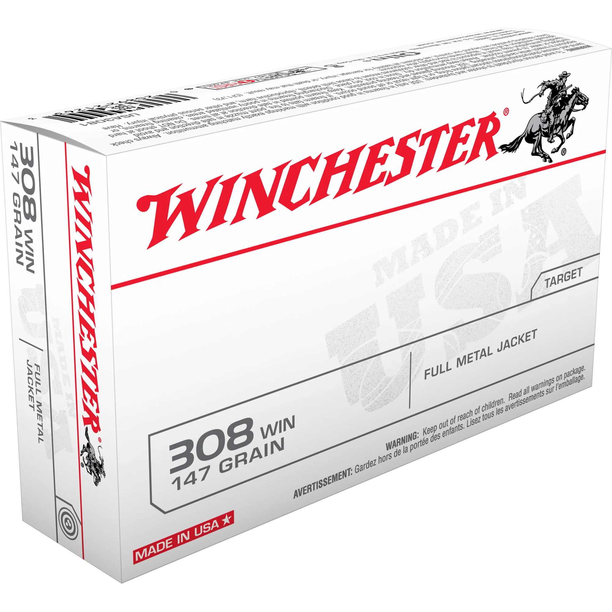 Winchester Ammunition USA White Box .308 Win 147gr FMJ Target Ammo, 20-Round Box USA3081