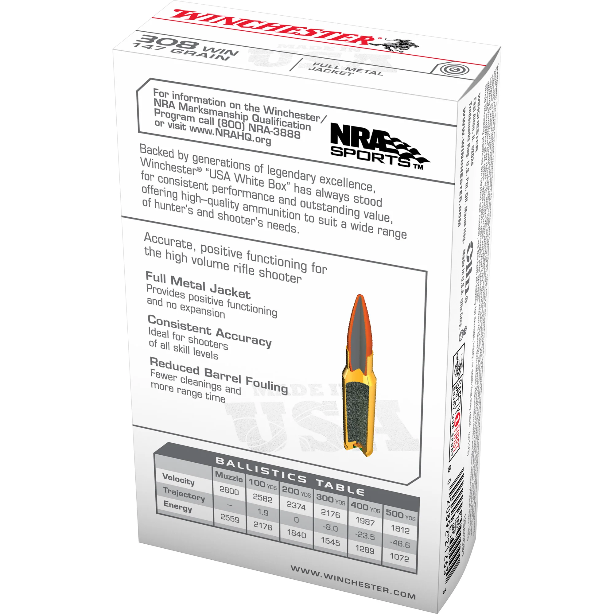 Winchester Ammunition USA White Box .308 Win 147gr FMJ Target Ammo, 20-Round Box USA3081 - Image 2
