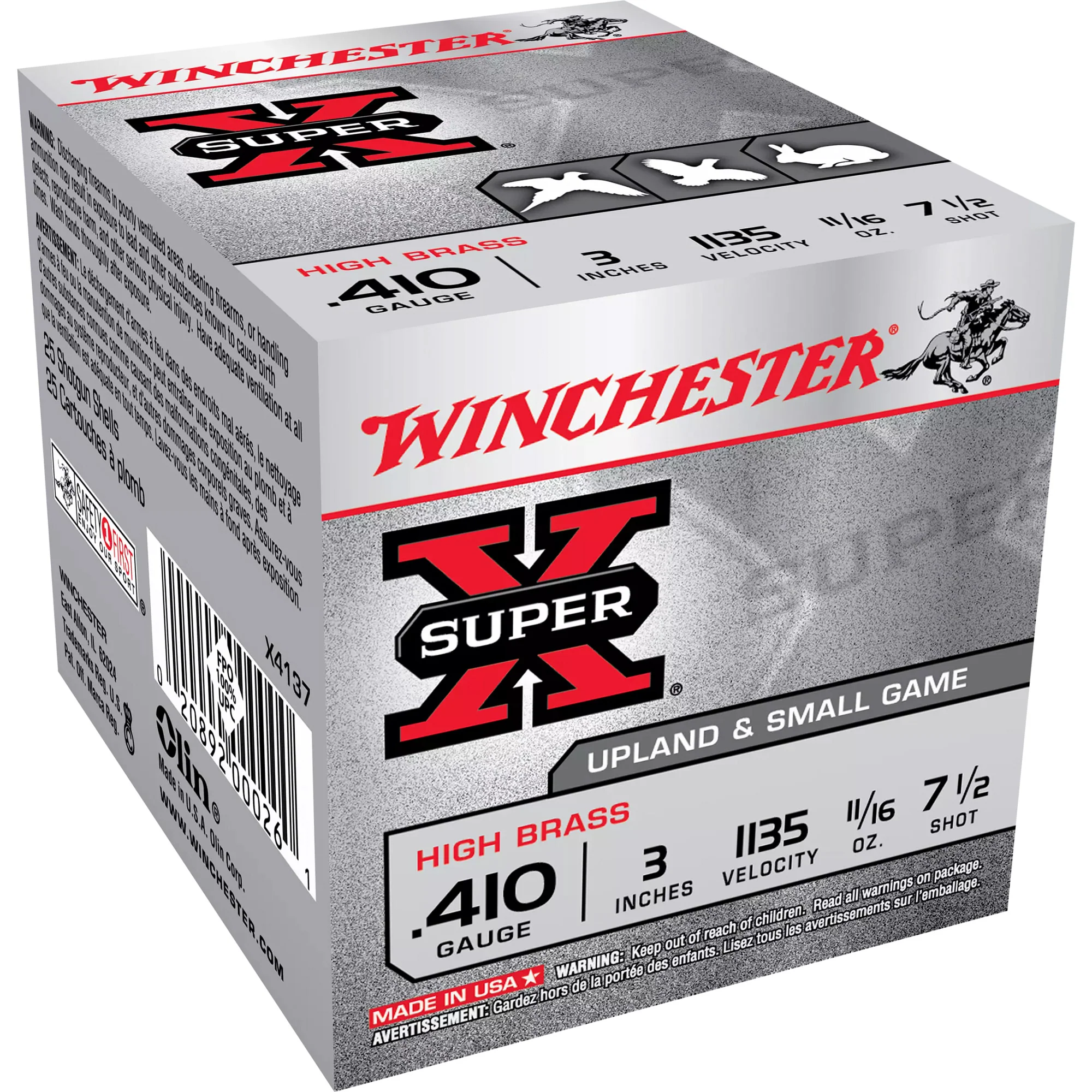 Winchester Super-X High Brass .410 Bore 3in #7.5 Lead Shot Shotshells, 25 Rounds X4137