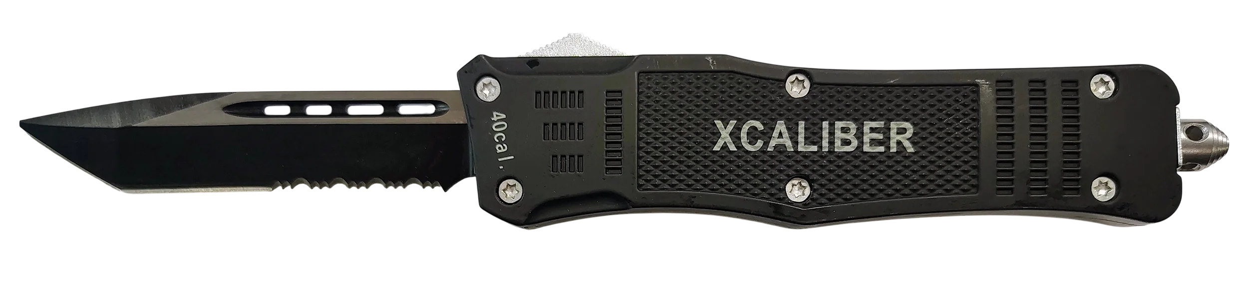 Xcaliber Knife Company Large Out-The-Front (OTF) Tactical Knife with Serrated Tanto Blade, Black